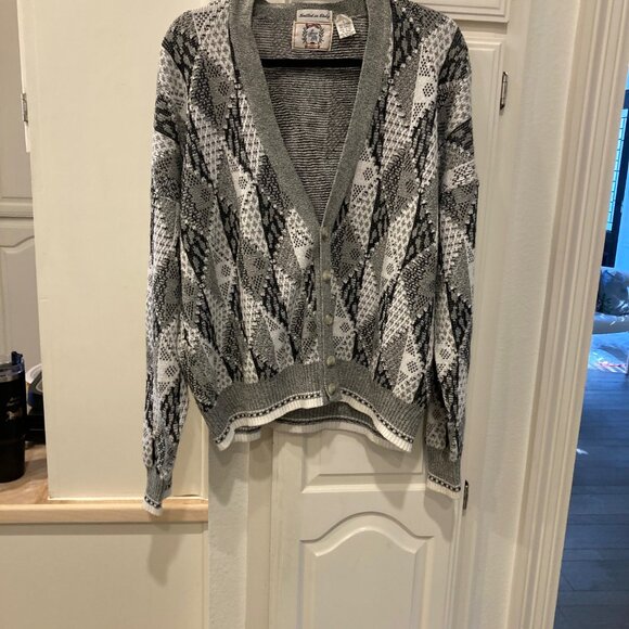 VTG Grandpa Sweater Cardigan Made in Italy Size Large Black White Gray Geometric - Picture 6 of 13
